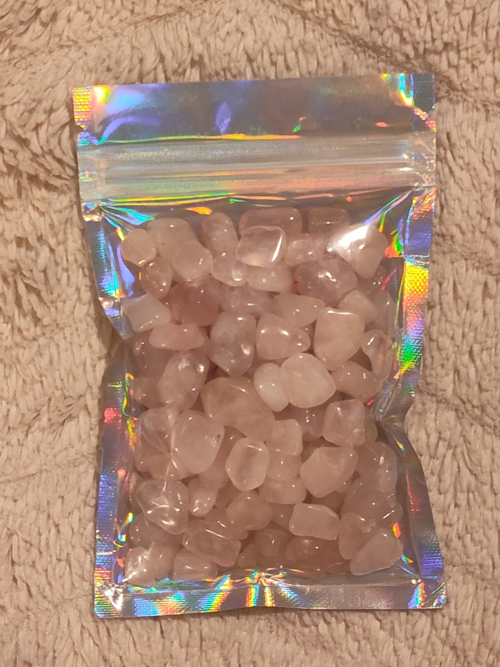 NEW! Rose Quartz Tumbled Stones in Holographic Resealable Bag - 5.3oz